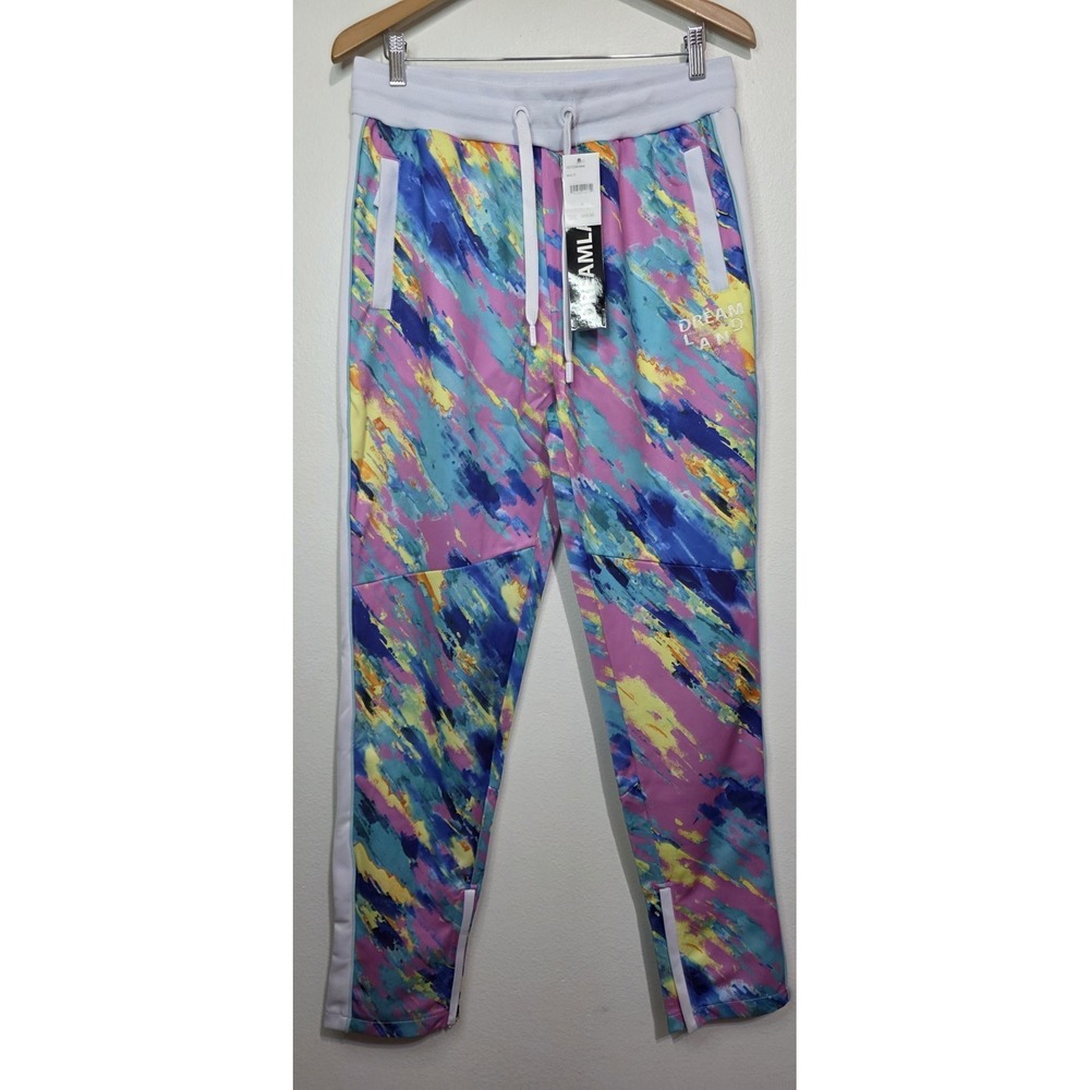 NEW Dreamland Pants White Tie Dye Yellow Streetwear Retro Neon Rave Lounge M Men
